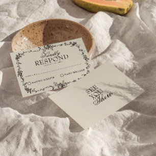 Fancy Schwarze Creme Blumen Boho Hochzeit RSVP Karte