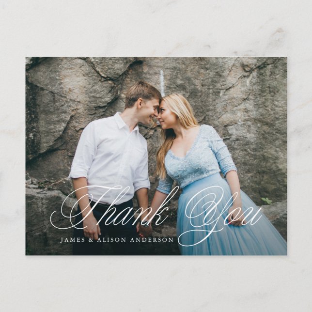 Fancy Script Foto Hochzeit Danke Postkarte (Vorderseite)