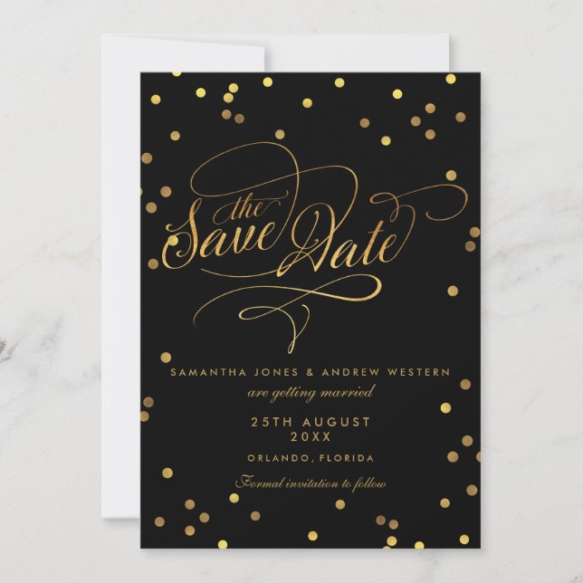 Fancy Script Gold Confettis Mariage Save The Date (Devant)