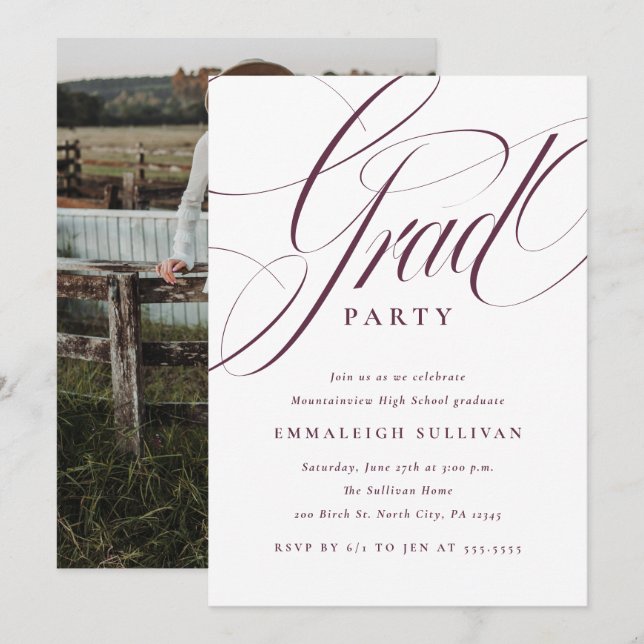 Fancy Script Lila Abschlussfeier Einladung (Vorne/Hinten)