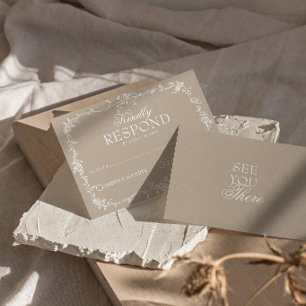 Fancy Soft Taupe Floral Boho Hochzeit RSVP Karte