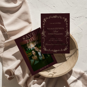 Fancy Tamarind Burgunder Floral Foto Retro Hochzei Save The Date
