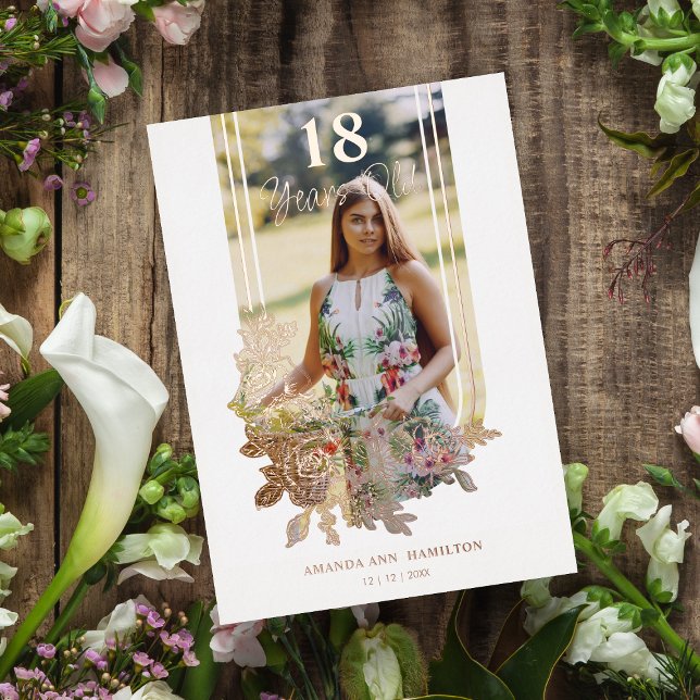 Fancy Trendy Arch Floral Birthday Party Photo Folieneinladung (Von Creator hochgeladen)