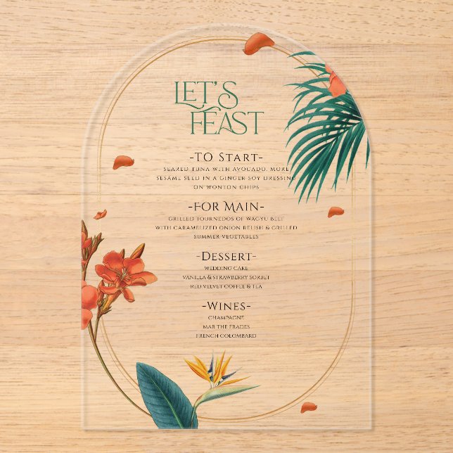 Fancy Tropical Flowers Wedding Menu Acryleinladungen (Vorderseite)