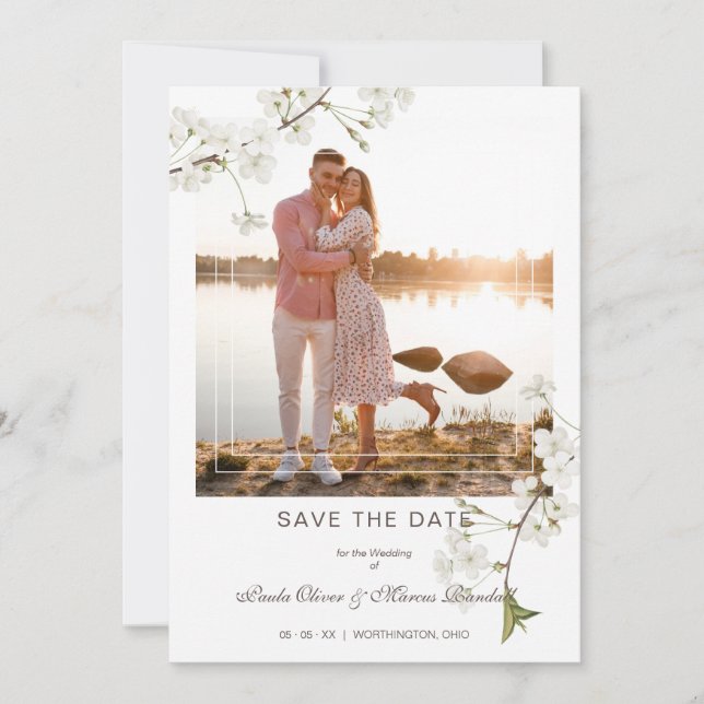 Fancy White Cherry Blossom Photo Couple Save The Date (Vorderseite)
