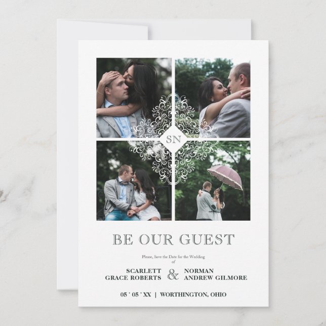 Fancy White Flourish Lace Effect 4 Photos Wedding  Save The Date (Vorderseite)