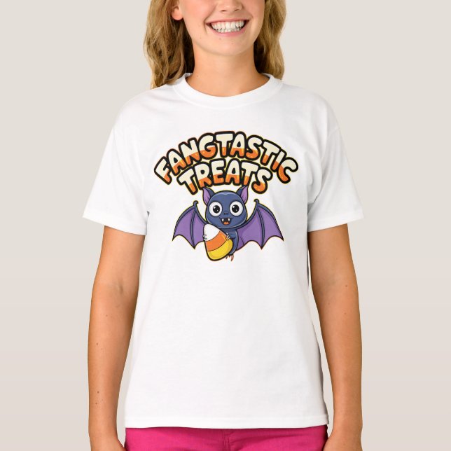 Fangtastic Niedlich Bat Halloween Trick oder Trete T-Shirt (Vorderseite)