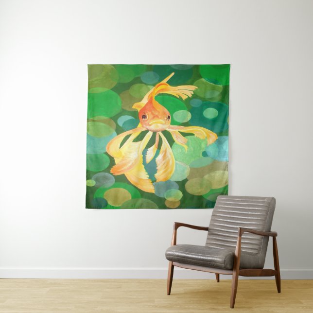 Fantail Goldfish mit grünem Blasen-Vector Wandteppich (Beispiel)