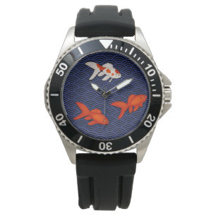 Fantail Goldfish über Seigaiha Wave Pattern Japan Armbanduhr