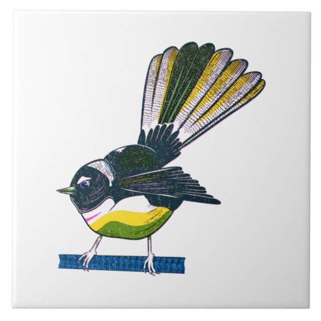 Fantail Retro NZ Vogelprint Fliese (Vorderseite)