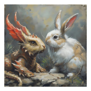 Fantasie-Drache und Kaninchen Fotodruck