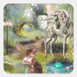 Fantasie-Feengalerie und Einhorn-Kunst Quadratischer Aufkleber
