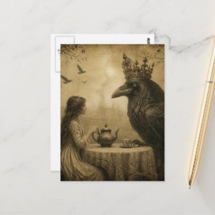 Fantasie Kind und ein königlicher Rabe Teeparty Postkarte