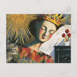 Fantasie-Königin und ihre Katze im Bett Postkarte