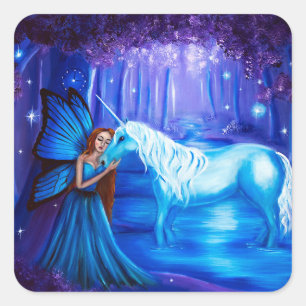 Fantasie-Kunst-Fee und Einhorn-Aufkleber Quadratischer Aufkleber