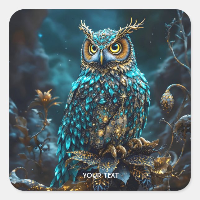 Fantasie Niedlich Brass Türkis Owl Quadratischer Aufkleber (Vorderseite)