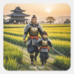 Fantasie Niedlich Samurai und sein Kind Quadratischer Aufkleber