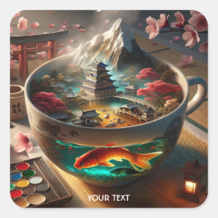 Fantasie Niedlicher japanischer Teecup Quadratischer Aufkleber