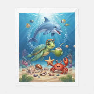 Fantasie-Ozeanszene mit Delfin- und Schildkröten-F Fleecedecke