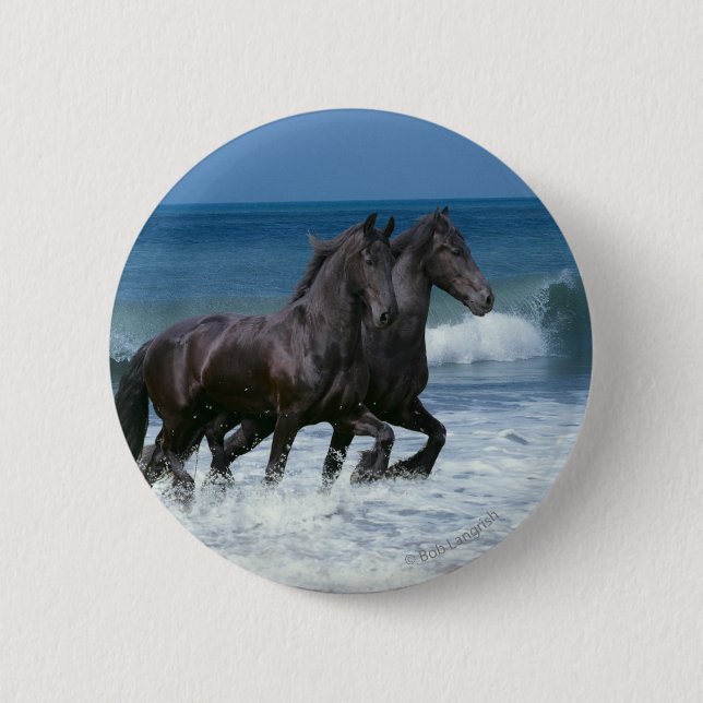 Fantasie-Pferde: Friesische Rinder u. Meer Button (Vorderseite)