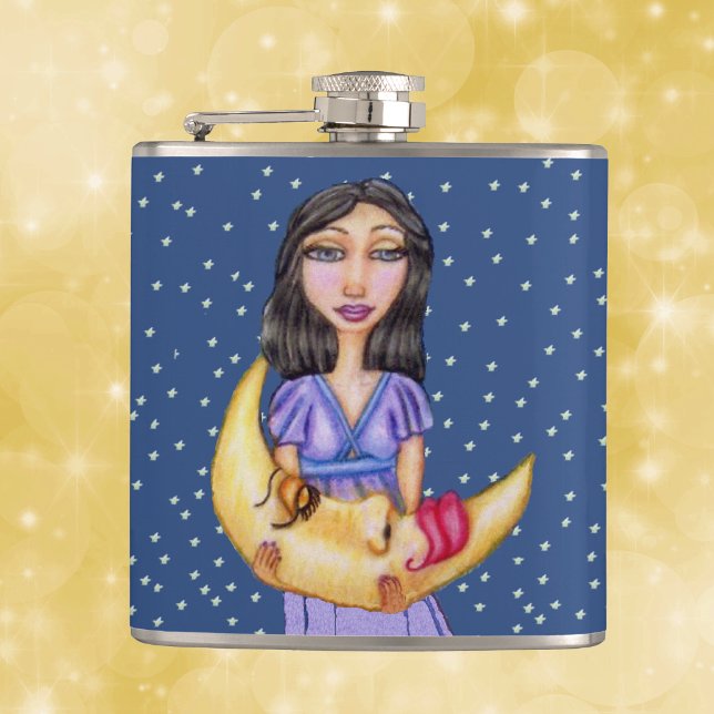 Fantasie-schlafende sichelförmige flachmann (Lady in purple nightgown holding sleeping crescent moon with face stars on blue drinking flask.)