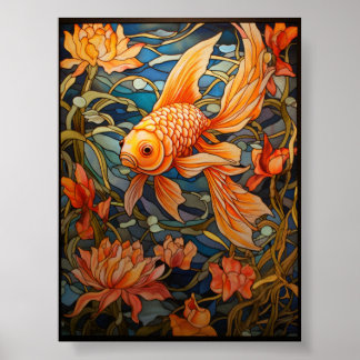 Fantasie-Schleierschwanz-Goldfisch-Buntglasfenster Poster