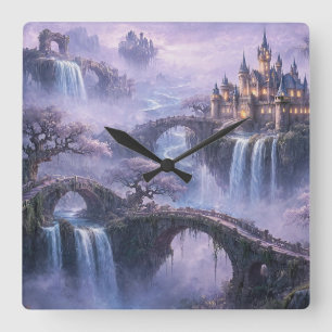 Fantasie-Schloss Surreal Landschaft Lavendelblau Quadratische Wanduhr