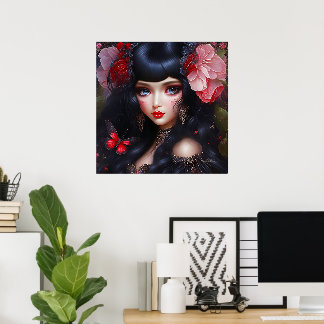 Fantasie Süße Blumen Fee Prinzessin Blaue Augen Poster