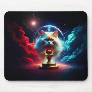 Fantasie Szene: Katze in einer Kugel mit Apfel Mousepad