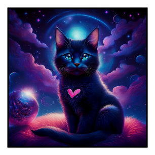 Fantasie-Szene schwarzes Kätzchen schöne blaue Aug Poster
