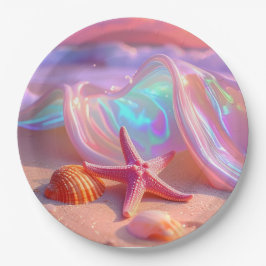 Fantasie-Traumstrand mit schöner rosa Seestern Pappteller