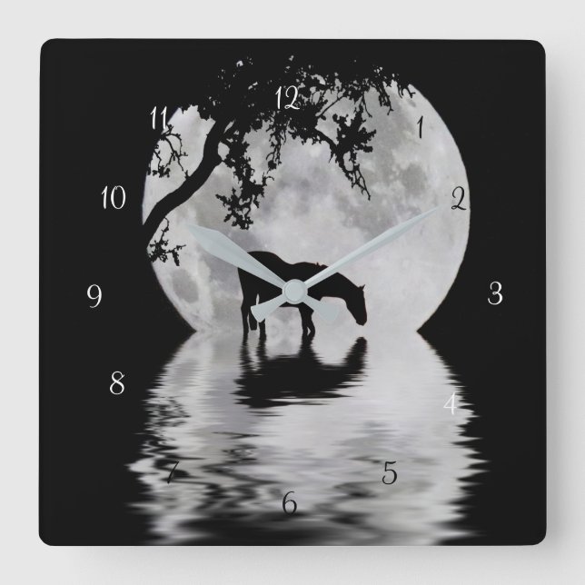 Fantasie Vollmond und Pferdeland Quadratische Wanduhr (Vorderseite)