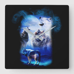 Fantasie-Wolf-Mond-Berg Quadratische Wanduhr