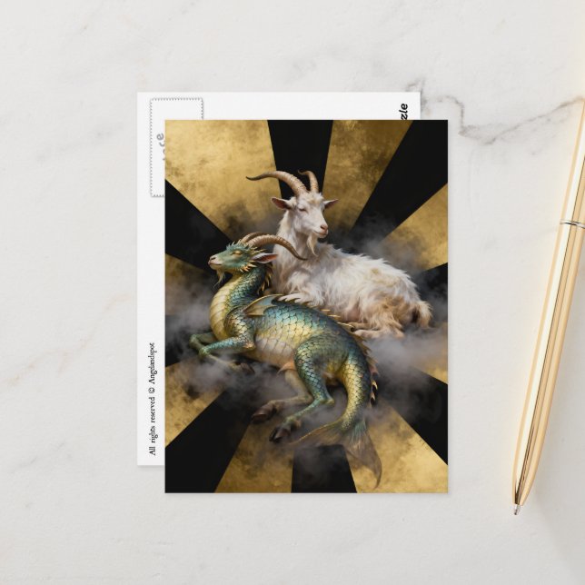 Fantasie Ziege und Drache  Postkarte (Vorderseite/Rückseite Beispiel)