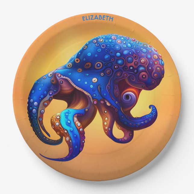 Fantasiefarbener Oktopus in Blau. Pappteller (Vorderseite)