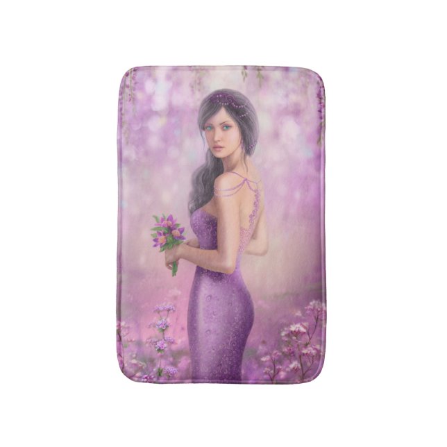 Fantasiefrau mit violetten Blumen Bath Mat Badematte (Vorderseite Vertikal)
