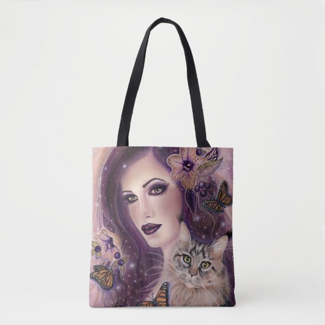 Fantasiefrauen mit Katze von Renee Lavoie Tasche (Vorderseite)