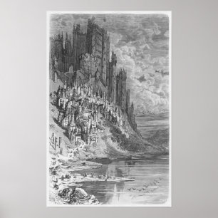 Fantasielandschaft mit Stadt und Schloss Poster