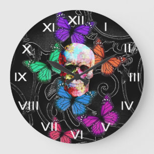 Fantasieschädel und farbige Schmetterlinge Große Wanduhr