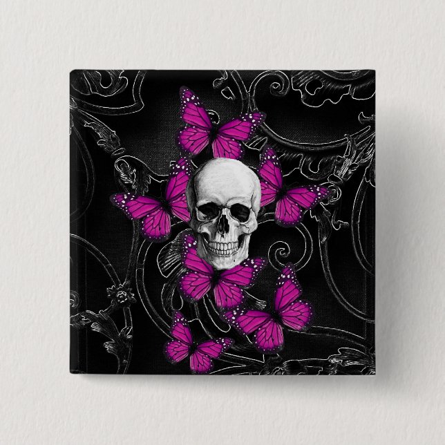 Fantasieschädel- und -Pinkschmetterlinge Button (Vorderseite)