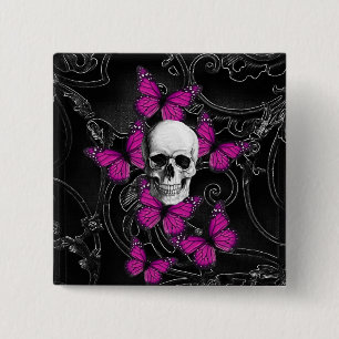 Fantasieschädel- und -Pinkschmetterlinge Button