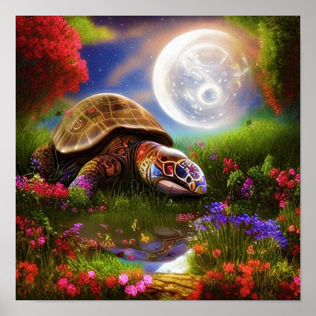 Fantasieschildkröte und Mond Poster (Vorne)