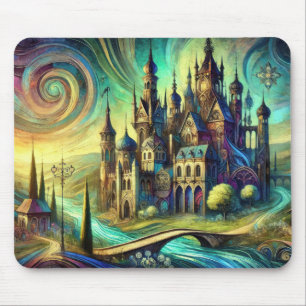 Fantasieschloss mit wirbelndem Himmel und fließend Mousepad