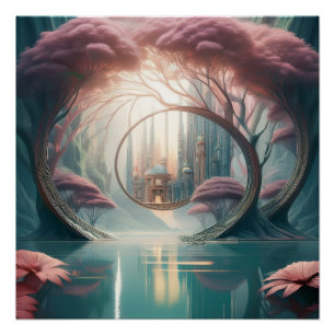 Fantasiestadt durch einen blauen See und rosa Bäum Poster