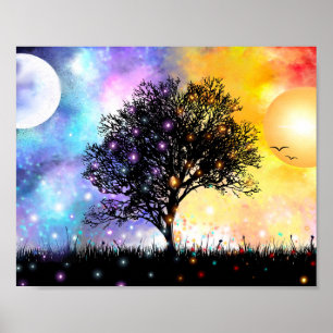 Fantasieuntergang und Monsun mit Regenbogenfarben Poster