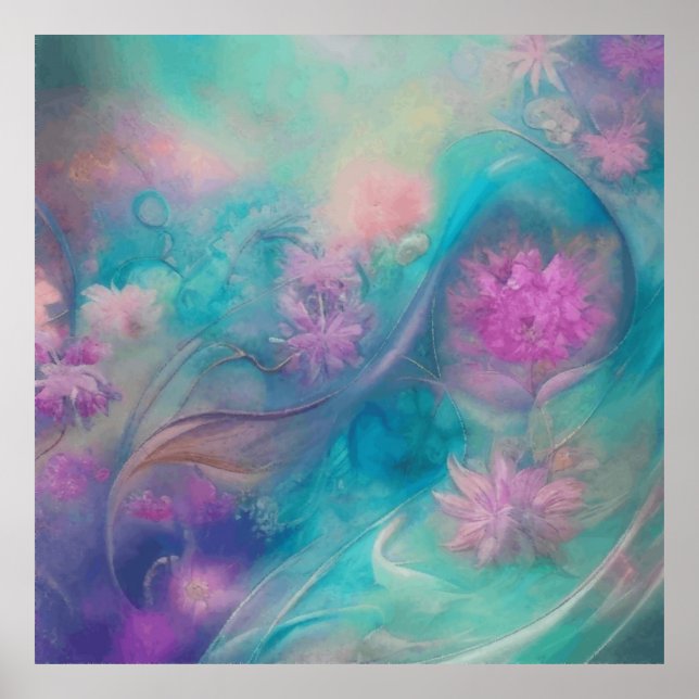 Fantasievolle Abstrakte Blume in Rosa und Aqua Wav Poster (Vorne)