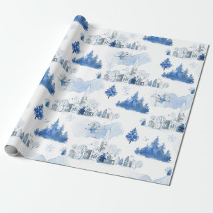 Fantasievolle blau-weiße Mausedorf-Weihnachtsfeier Geschenkpapier