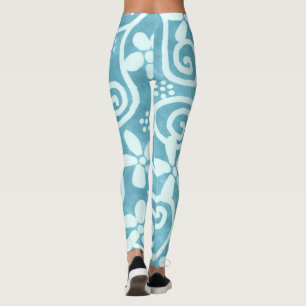 Fantasievolle Blumen & Wirbel Blau-Weiß-Muster Leggings