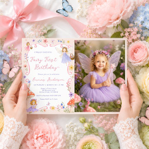 Fantasievolle Blumenfee zum 1. Geburtstag Foto Einladung