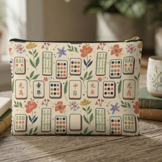 Fantasievolle Creme Botanische Mahjong-Kacheln Par Zubehörtasche